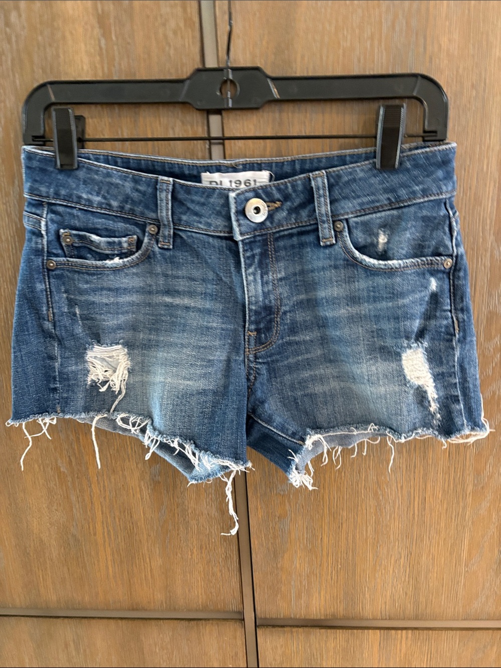 DL1961 Frayed Dark Blue Distressed Denim Shorts